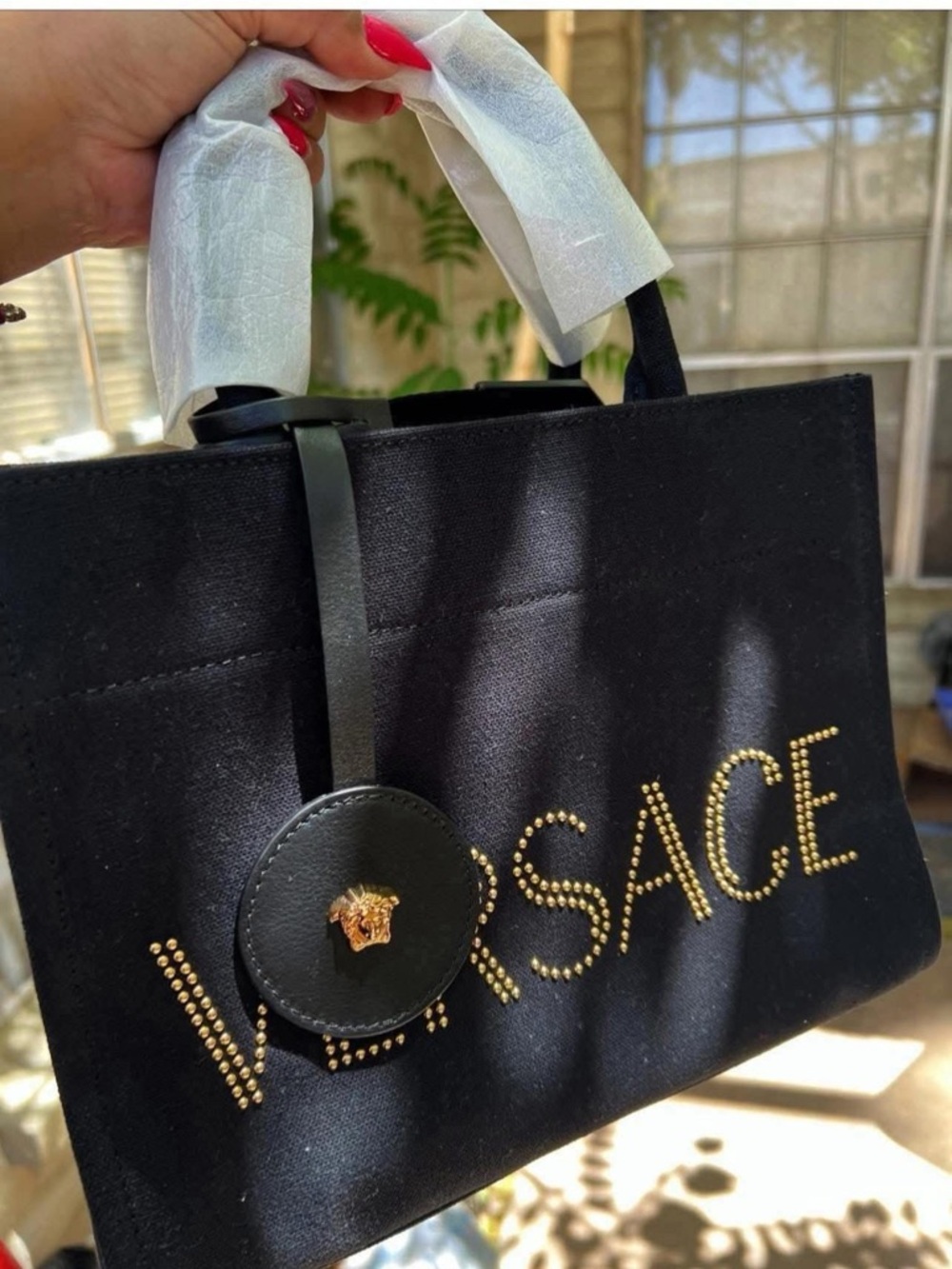 Versace Black Canvas Tote with Gold Stud Logo - Picture 2 of 2